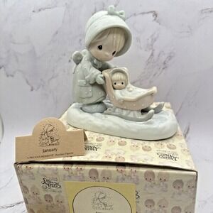 Precious Moments January Calendar Girl Winter Doll In Sleigh Sled 1987 NEW